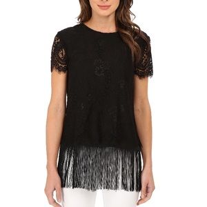 Nicole Miller Black Lace Top With Short Sleeves and Tassel Trim Size Medium